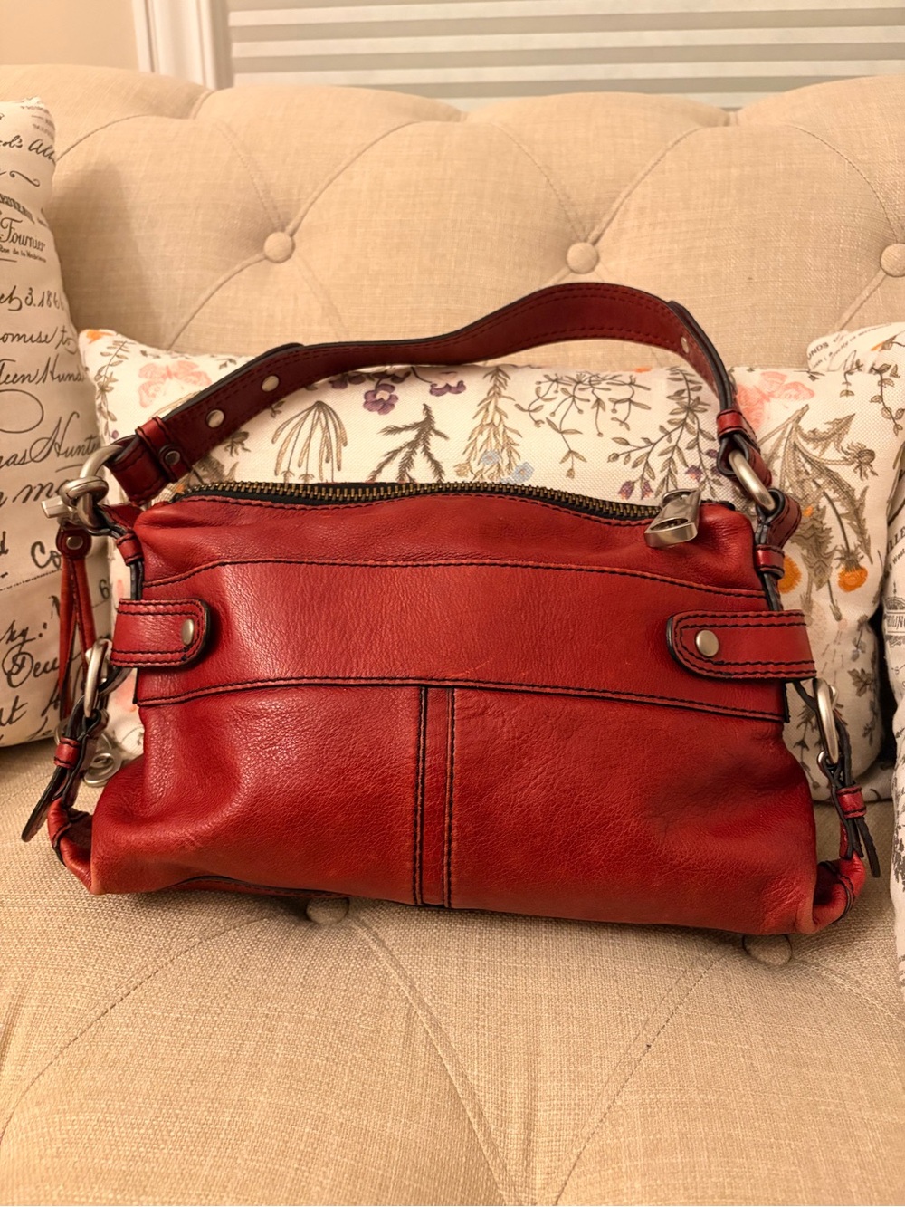 Fossil Red Leather Shoulder Bag with Silver-Tone Hardware